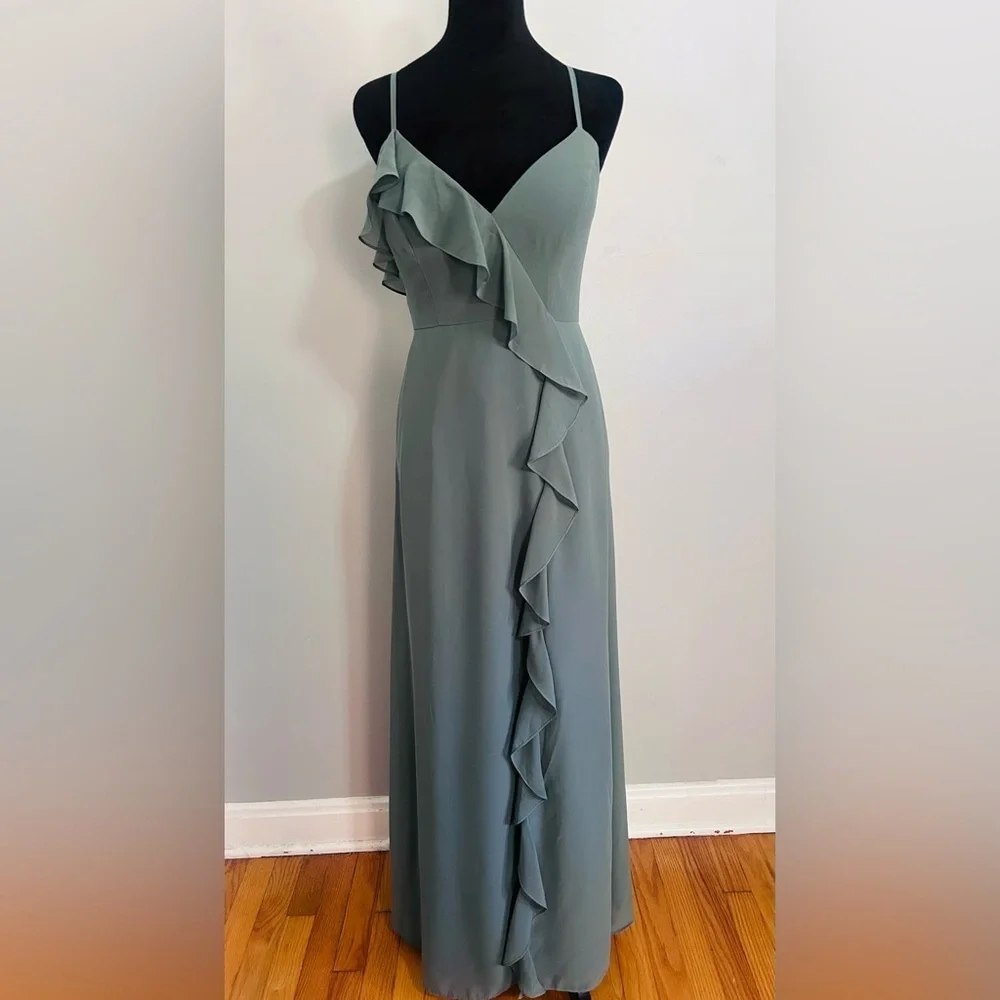 Revelry Paloma Eucalyptus Green Ruffle Front Maxi Dress Sz 6 Bridesmaid Formal